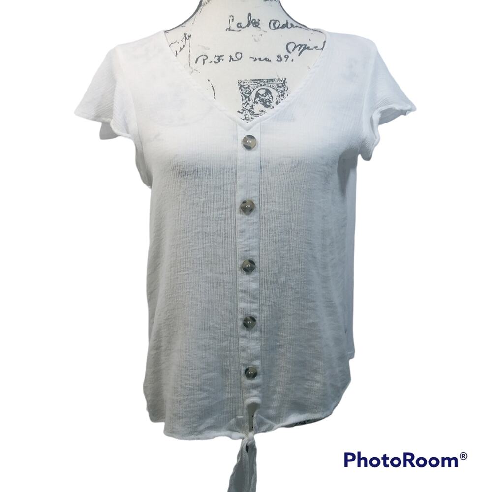 Flower & Feather White Gauzy Button Up Tie Front Blouse L